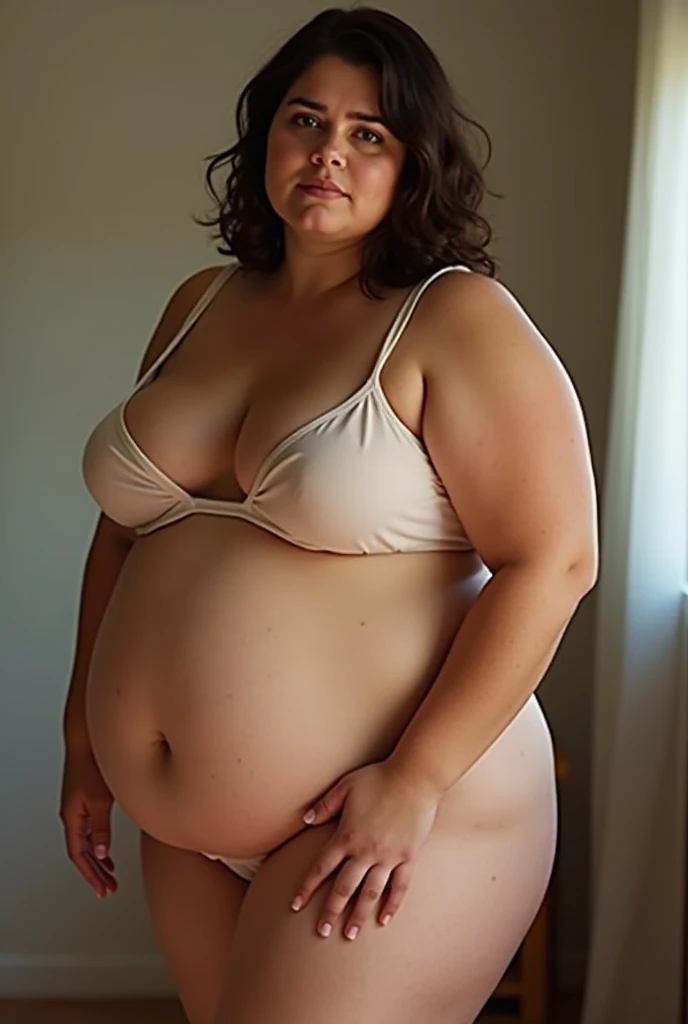 western woman, which measures 1.65 and weighs 193 kg, with a fat percentage of 35%, Short dark brown hair to shoulders , medium wavy, light brown skin color, In underwear, in a room 
