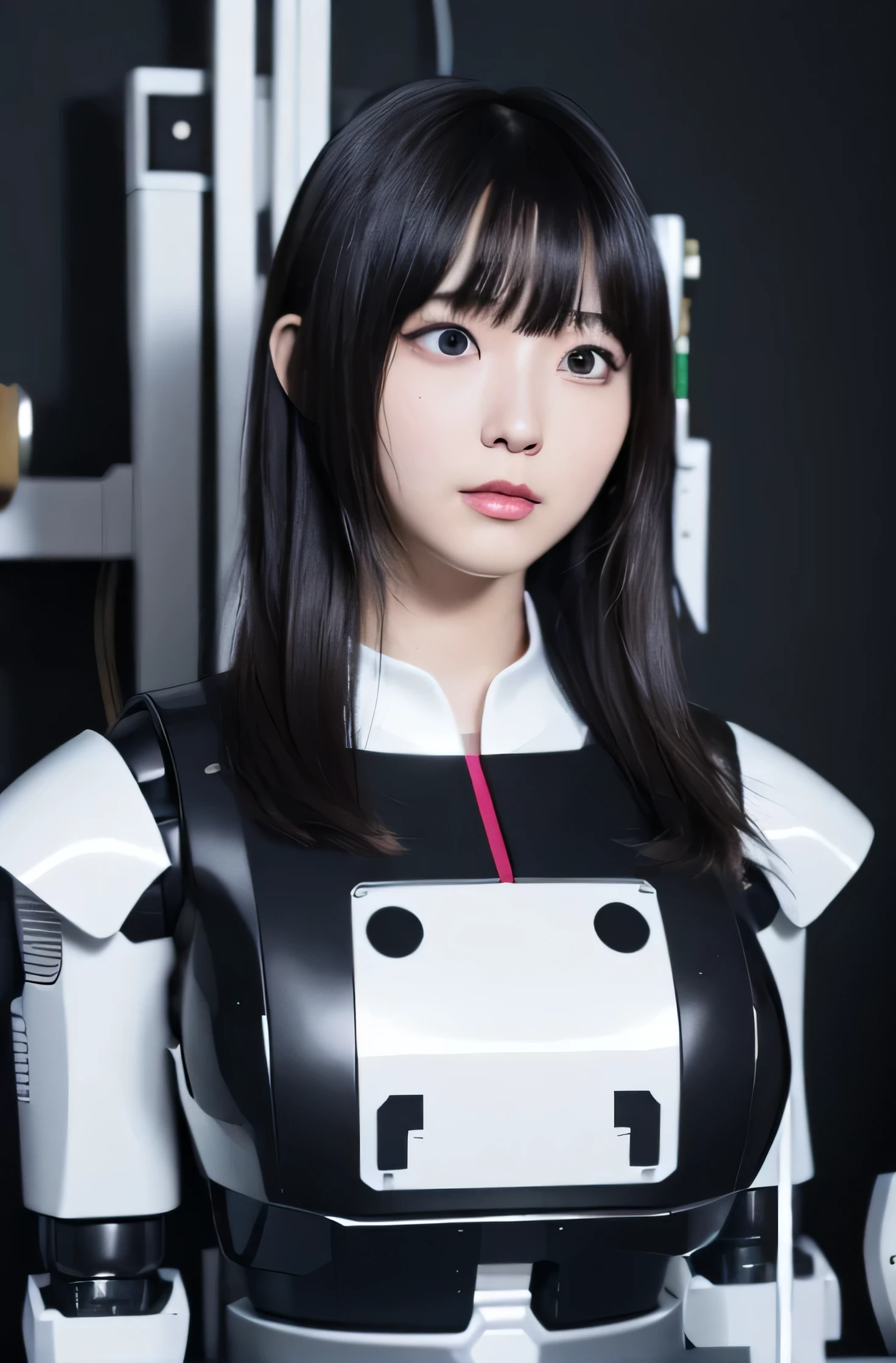 masterpiece, best quality, extremely detailed, Japaese android girl,portrait,Plump,a bit chubby,control panels,android,Droid,Mechanical Hand, Robot arms and legs, Black hair,Blunt bangs,perfect robot girl,long tube,thick cable connected her neck,android,robot,humanoid,cyborg,japanese cyborg girl ,robot-assembly plant,She is assembling now,assembly scene,blue eyes,chest monitor