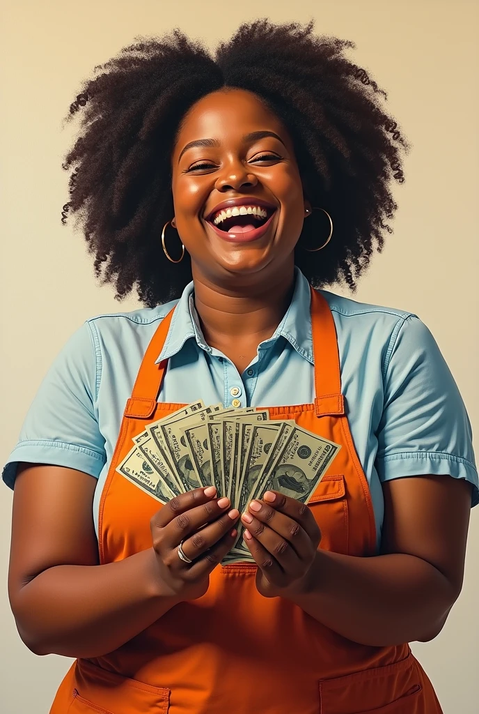 Dark skinned fat lady in cleaning uniform glad to have many dollars in her hands
