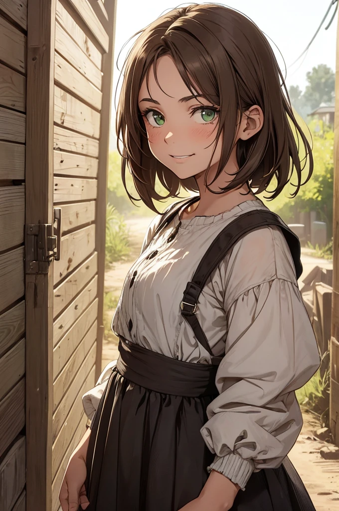 Close up on a young woman with a crooked smile standing on a dirt road in a small and rural town. She has short, messy, mousy brown hair and green eyes and tan skin. She is short but looks tough and strong, like a person who works hard. Despite her youth her hard life of poverty has made her scarred and weathered from years of hard work. She has crooked teeth and a big, slightly crooked, smile. She is wearing simple and practical clothing of a poor, working class woman from the 19th century. Her face and clothes are slightly dirty and her clothes are patched and torn. Crooked smile + crooked teeth + young + poor + dirty + friendly + happy + strong + scars + messy, dirty, torn, and patched clothes + simple and cheap clothes + practical clothing + short, dull, and messy, mousy brown hair + green eyes. Early modern setting, 19th century, no advanced technology, clothing or items.