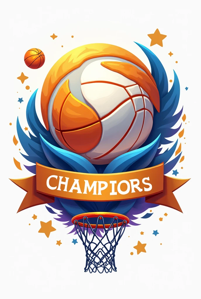 and create a vividly colorful and dynamic INTERETEC logo, with the INTERETEC title, for the winners of the sports tournament. The design should feature a playful, interlocking silhouette of two balls connected by a shared center line, symbolizing the sporty theme. Add a dynamic touch with a swinging basket and a swirling banner with the words. The color palette should be vibrant and cheerful, with a touch of elegance: use shades of gold, white, and blue, with accents of orange or purple for a lively and inviting atmosphere. The design should be original and eye-catching, showcasing the champion's dominance in the sport.