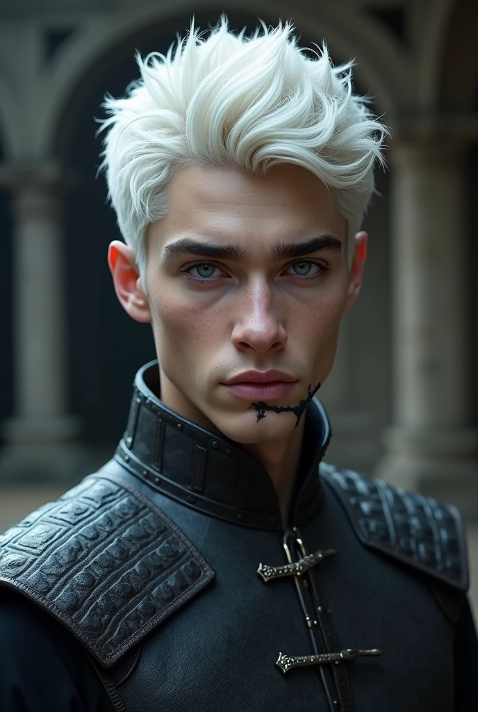 Make a light-skinned man, lilac eyes, white hair and natural physique. He is a Targaryen ( game of thrones) this man has a scar on his mouth. This man is 25 years old