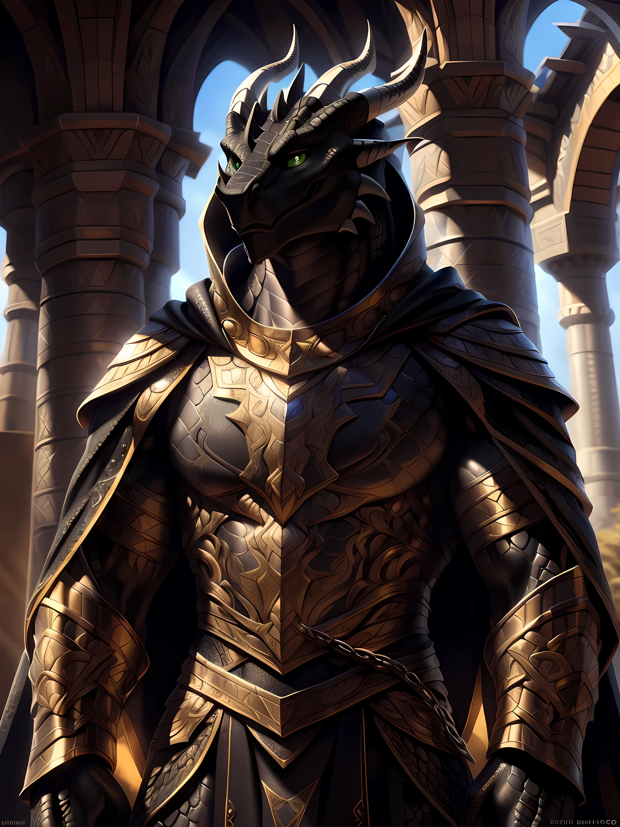 Realistic, detailed, beautiful, masterpiece, HDR, castle interior background, fantasy setting, king, ((gold armor, gold breast plate, chain mail, gold pauldrons, gold greaves, gold leg armor, wearing gold armor, black robes, black cloak, wearing black robes and cloak)) dragon, anthro, male, male body, black skin, (black scales:1.9), (two long thin horns:1.3), green eyes, detailed eyes, perfectly shaped body, confident majestic pose, finger black claws, masculine facial features, seductive gaze, neutral facial expression, black pointed ears, standing tall, out doors, daytime, close-up, portrait, face focus,
(detailed Bonifasko lighting), (detailed scales), (detailed skin), (male dragonborn), BREAK, ((long flowing tail)), ((facing viewer)), (cinematic lighting), ((detailed background)), ((portrait view)), (((close-up))), (good lighting), [backlighting], [crepuscular ray], [detailed ambient light], [gray natural lighting], [ambient light on the belly], (higher wildlife feral detail), [explict content], [sharp focus], (questionable content), (shaded), ((masterpiece)), furry dragonborn, reptilian face, furry Fantasy Art, furry Art, Commission for High Res, anthro Art, POV furry Art,Sakimichan beautiful, masterpiece, best quality, detailed image, bright colors, detailed face, perfect lighting, perfect shadows, perfect eyes, green eyes, flawless face, face focus, (masterpiece:1.21), (best quality:1.2), (illustration:1.2), (cinematic lighting:1.3), detailed scales, balanced coloring, global illumination, ray tracing, good lighting, scales, anthro, well lit 
