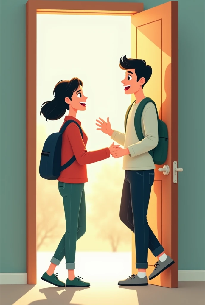 A female student opens the door for a male student to run in 2D