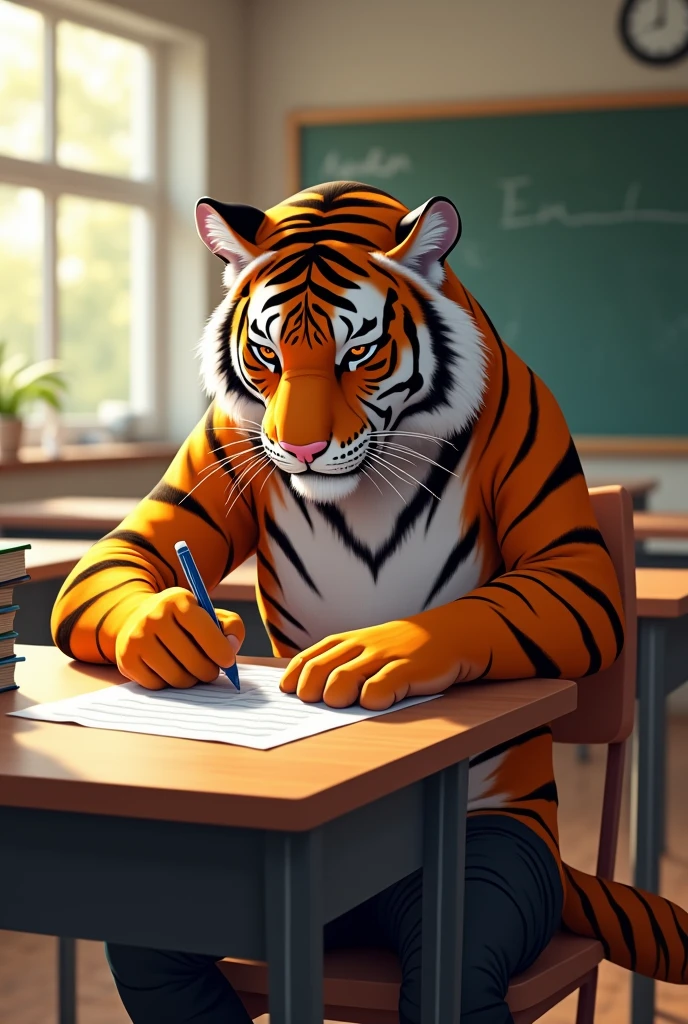 College tiger taking an exam