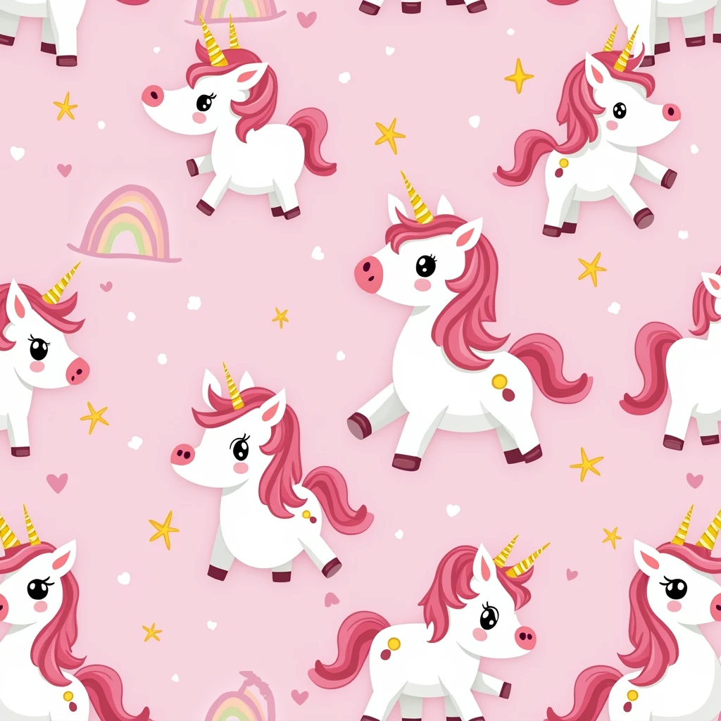 Vector,flat,Cartoon,Printing pattern,Pink background, Unicorns and rainbows pattern,Rich details,Smooth lines,Splicing
