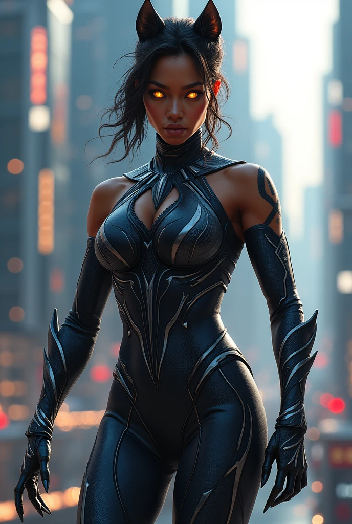 Une femme métisse super heroine avec costume de félin inspiré de black panther