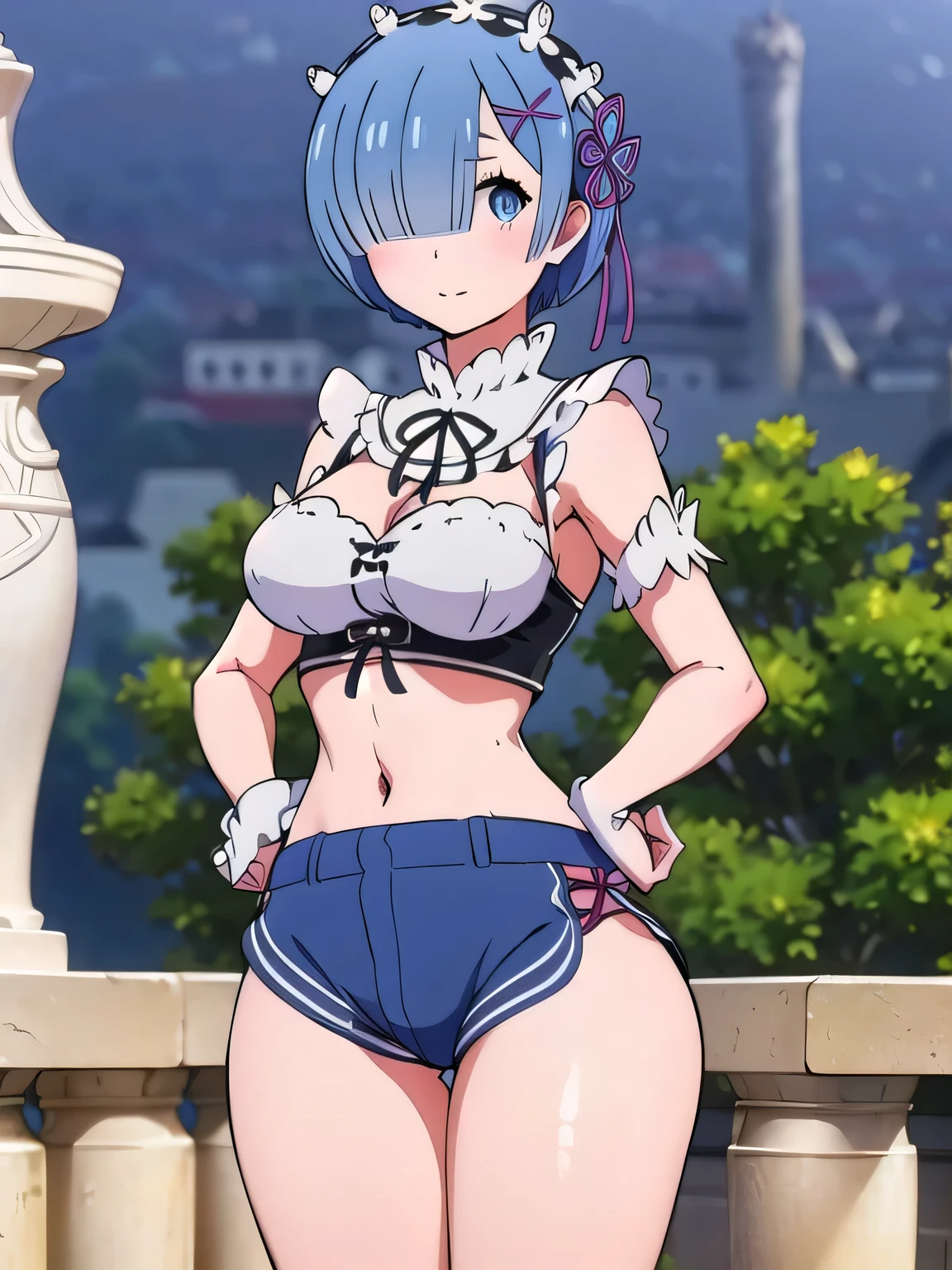 all realistic intricate details, masterpiece, best quality, highres, rem1, 1girl, solo, rem \(re:zero\), blue hair, short hair, red eyes, hair over one eye, ribbon trim, hair ribbon, x hair ornament, frills, crop top white, denim shorts,medium breasts, cleavage, sedection pose , hair flower, outdoor, standing, smile, perfect background, perfect light