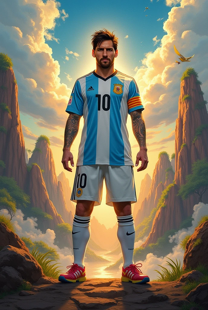 Generates an image of a painting of Messi with the number 10 of Argentina and that this is also Dragon Ball Z  