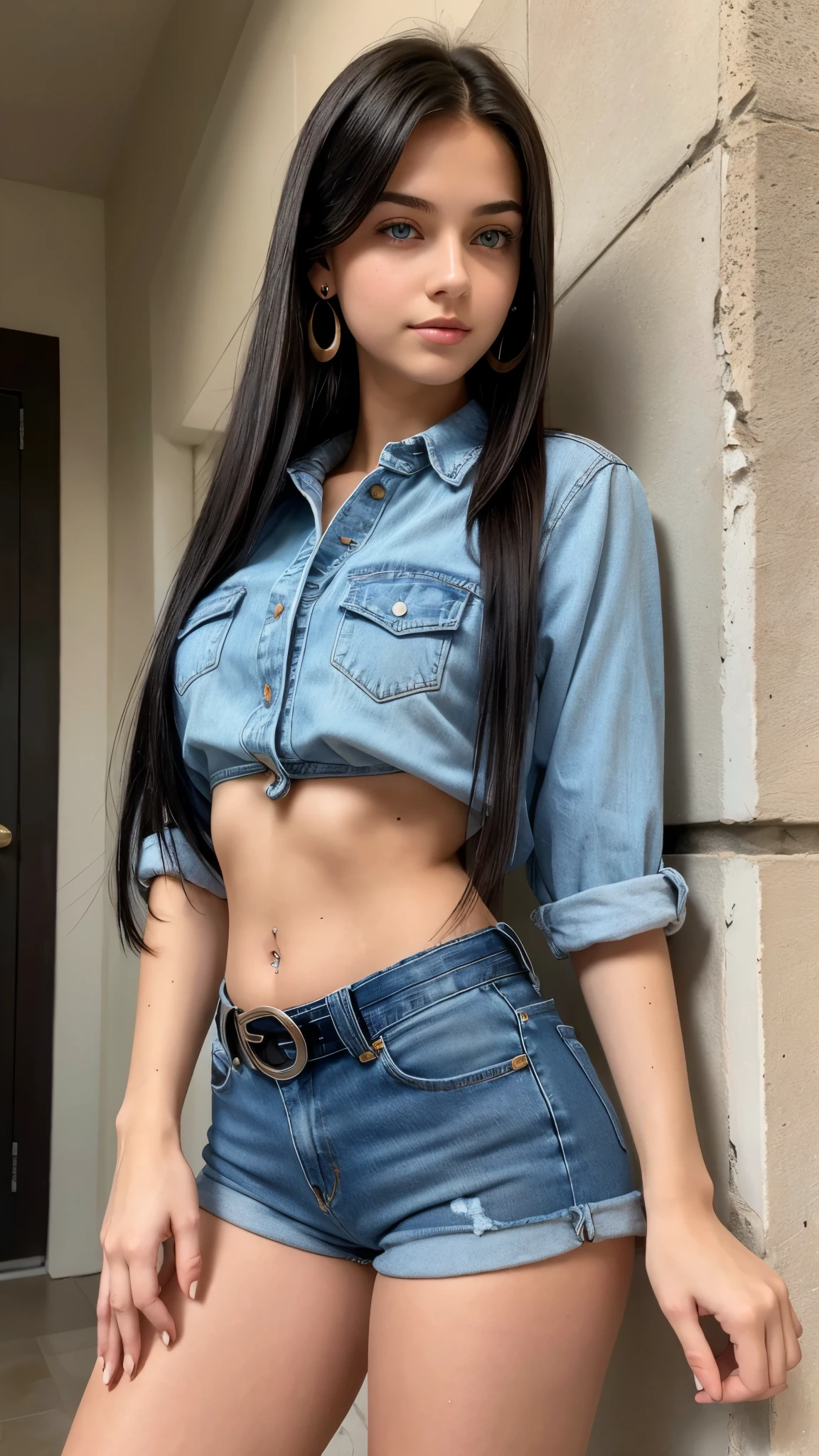 Beautiful 18-year-old brunette girl with fair skin, blue eyes, long straight black hair, wearing earrings, wearing a short blouse and short high-waisted denim shorts with a belt and showing the T-shaped belly button of her thick legs