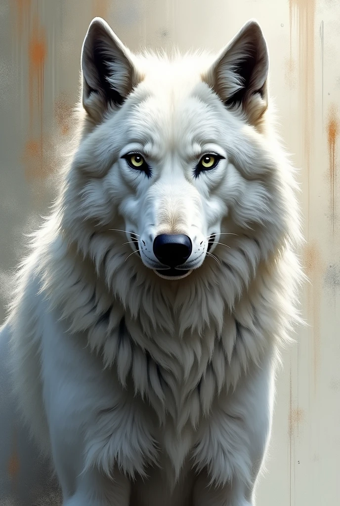 portrait of a white wolf and large, piercing, fixed gaze drawn in the style of concept art found in the Metal Gear Solid art book. Focus on the abstract, Impressionistic and gestural elements, Utilisation des rayures, Stains and dry brushing to create a sense of movement and texture in the image. Explore the wolf's collarbone and shoulders, Highlight details like wings and feathers that evoke an ethereal feeling.

Utilisez une palette de couleurs qui comprend des nuances de noir, blanc, lilas, copper and gold to create a vivid and mysterious contrast. Make sure the image is abstract, with broken edges and a high-definition feel. Try to capture the essence of the Ghost Wolf while incorporating stylistic and technical elements from concept art from the Metal Gear Solid art book. Use watercolor to add depth and detail to the image.