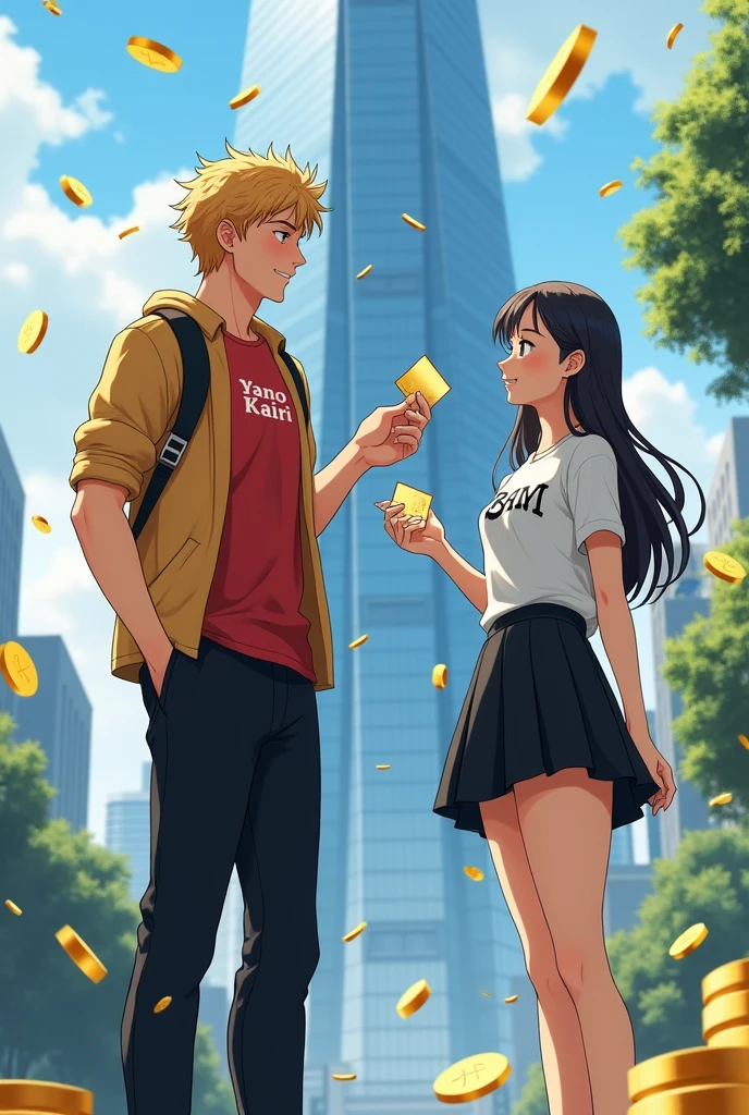 1 Japanese man,0,ผมหยิกสีgold,Red short-sleeved shirt with Yano Kairi written on it.,Egg-colored jacket,Black trousers,black shoes,Holding a card,1 Japanese woman,Age 2g hair,White short-sleeved shirt with the word "Bam" written on it, and a black short skirt.,black shoes,Holding a card,location,tall building,property,money,gold