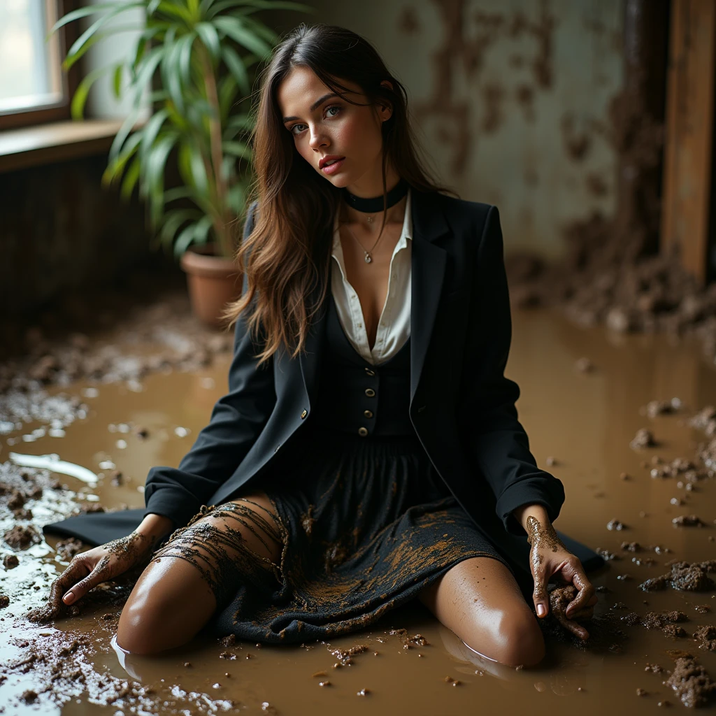 A super realistic photo of one slender business lady, model-like appearance with long hair. She is dressed in a long and black and torn and ripped business pencil skirt made from cotton and wool fabric, black and muddy and torn business jacket made from cotton and wool fabric. black business vest, white muddy shirt, stockings, black choker on the neck. She located in very muddy and very flooded office. She sitting in flirtatious and modest pose, deep in the water and liquid mud, dips her head in the liquid mud and very torn her clothes and gets stuck in mud she smear a lot of liquid mud on own clothes and torn it by hand. She keep chunks of her torn clothes in hands crumpled and muddy. All her clothes is dirty, torn, ripped and sloppy, her skirt and jacket are very stained in a liquid mud and dirt. She look like have played in mud in a large swamp with brown liquid mud, her clothes covered with liquid mud from head to toe. The studio light brilliantly illuminates all her clothes in details, casting small shadows and emphasizing the texture of the mud on her clothes. Please focus on stains of liquid mud on her clothes. View angle of the camera from top and left from the business lady.