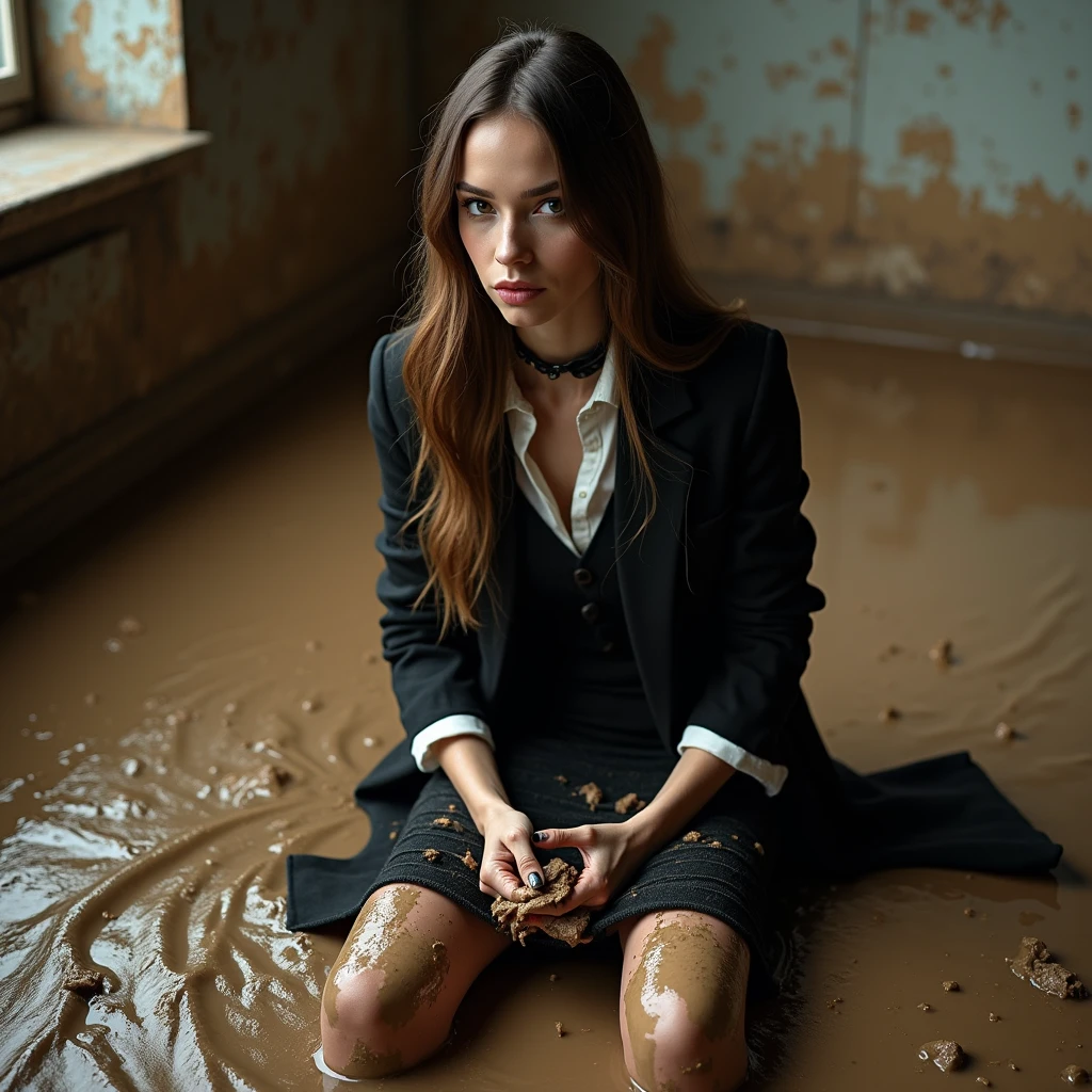 A super realistic photo of one slender business lady, model-like appearance with long hair. She is dressed in a long and black and torn and ripped  business pencil skirt made from cotton and wool fabric, black and muddy and torn business jacket made from cotton and wool fabric. black business vest, white muddy shirt, stockings, black choker on the neck. She located in very muddy and very flooded office. She sitting in flirtatious and modest pose, deep in the water and liquid mud, dips her head in the liquid mud and very torn her clothes and gets stuck in mud she smear a lot of liquid mud on own clothes and torn it by hand. She keep  chunks of her torn  clothes in hands crumpled and muddy.  All her clothes is dirty, torn, ripped and sloppy, her skirt and jacket are very stained in a liquid mud and dirt. She look like have played in mud in a large swamp with brown liquid mud, her clothes covered with liquid mud from head to toe. The studio light brilliantly illuminates all her clothes in details, casting small shadows and emphasizing the texture of the mud on her clothes. Please focus on stains of liquid mud on her clothes. View angle of the camera from top and left from the business lady.