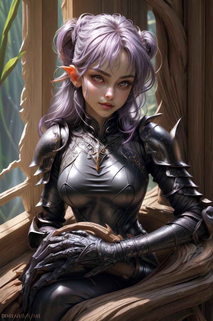 (best quality,4k,8k,highres,masterpiece:1.2),ultra-detailed,(realistic,photorealistic,photo-realistic:1.37),HDR,UHD, ((sabrina)), gnome, short stature, serious face, character, studio lighting,ultra-fine painting,sharp focus,physically-based rendering,extreme detail description,professional,(lavender hair), (gigantic breasts), short hair, ((fantasy black leather armor suit)), long claws, long nails, frlgsabrina, (blunt bangs), black pantyhose, vivid colors,bokeh,portraits,soft colors,warm lighting,glowing skin,delicate features,expressive eyes,sensual lips,flawless complexion,subtle makeup,feminine posture,ethereal atmosphere,dreamy summer vibes,golden hour lighting,gentle breeze,warm sunlight,playful smile,graceful movement,seamless integration between subject and background,subtle texture,filmic aesthetic,romantic mood,elaborate hairstyles,graceful gestures,curve-hugging outfit,vibrant color palette,soft focus,romantic ambiance,inside chambers,stone architecture,beautifully adorned columns,timeless setting.