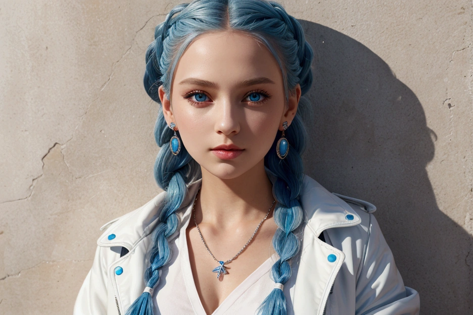 , masterpiece, Highest Quality, Highest Resolution, perfect background, perfect perspective, sharp image, perfect details, perfect lighting, perfect shadows, Perfect lighting, Best background,
Sophia, 1girl, solo, long hair, blue eyes, white dress, jewelry, blue hair, jacket, braid, earrings, necklace, twin braids, lips, blue jacket, modern anime style,