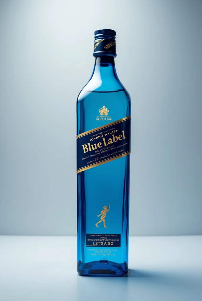 Whisky blue label de jhonny walker, just the bottle, the bottle is a little tilted, rather blue label en el centro, dice the phrase let’s go, así mismo pero rather blue label en el centro dice "let’s go", en la estampa central rather blue label se halla escrito let’s go, now in the center, rather "blue label" has been written in the same outline and type of letters, the phrase "let’s go"