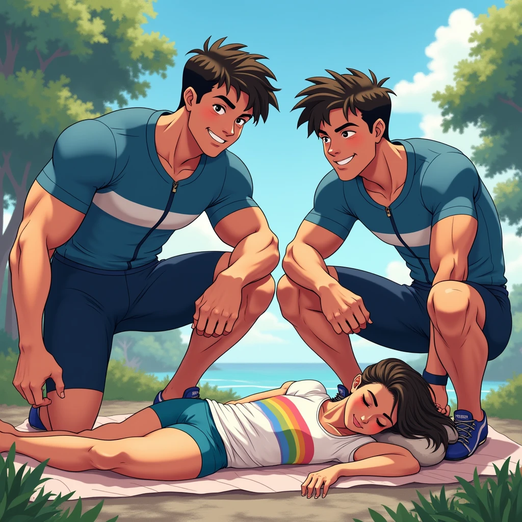 anime art: two masculine 22-year-old males with a big bulge, wearing blue cycling outfit , he's squatting down, flexing biceps, smile, squatting down around a sleeping female wearing lgbt shirt
