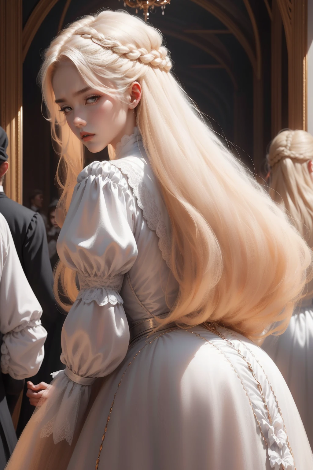 {-erro_de_anatomia:1.0} woman 30 years old, victorian era,victorian clothes, (white dress), dark castle, a woman (darkness), very long blond hair (blond hair), (gray eyes) . Indifferent look , merciless, dinamic poses, egoist smile, upper body, standing, backwards, looking back