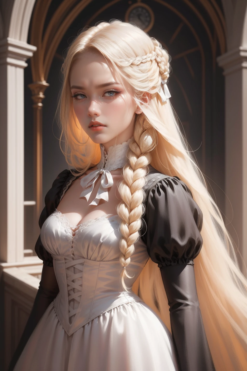 {-erro_de_anatomia:1.0} woman 30 years old, victorian era,victorian clothes, (white dress), dark castle, a woman (darkness), very long blond hair (blond hair), (gray eyes) . Indifferent look , merciless, dinamic poses, egoist smile, upper body, standing, backwards, looking back