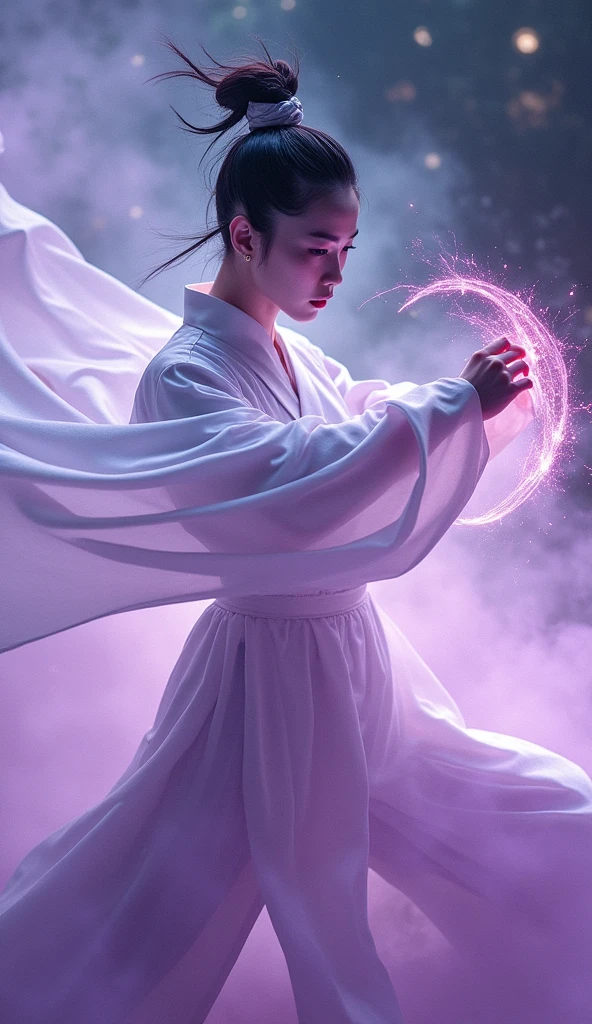 A handsome Chinese girl, Sharp eyes, Clear facial features, Wearing Hanfu, Fighting Stance, Martial Arts Action, The body is surrounded by purple mist, Surrounding Runes, Holographic Reality, Holographic Aura, Motion Blur, Game lighting effects, Rim Light, Soft Light, movie Rim Light, Exquisite lighting, masterpiece, Very detailed, Epic creation, Ultra HD, high quality, best quality, 32k, high quality, (RAW photo, best quality), (realistic, photorealistic: 1.4), (extremely delicate and beautiful: 1.4), amazing, fine details, masterpiece, ultra detailed, high resolution, best illustration, best shadow, intricate, ( extremely intricate: 1.2), (exquisitely detailed skin), cinematic light, perfect anatomy, (cool color: 1.4), sharp focus, 8k UHD, DSLR, (Fujifilm XT3),(85mm F/1.4) 