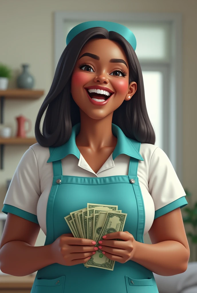 Fat lady with dark skin and straight hair in a cleaning uniform is happy to have many dollars in her hands
