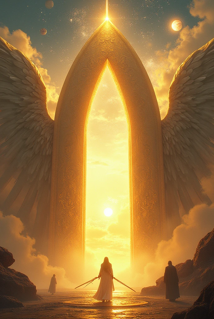 Great golden wall with high gates in the shape of a shining pearl, Golden City behind the Great Wall with lots of light, around the space with planets and angels of light flying, on the pearl-shaped door 2 large angels with sword on each side of the pearl-shaped door