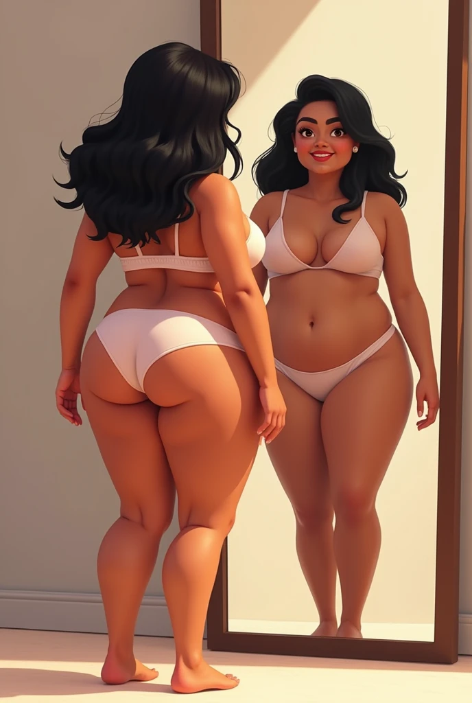 Pixar style image of a white Brazilian woman, medium dark hair, Lipedema, flegs, thick thighs and ankles, wide hip, but it has no belly. Wear panties and bra.She stands in front of a mirror and looks at her own body..
