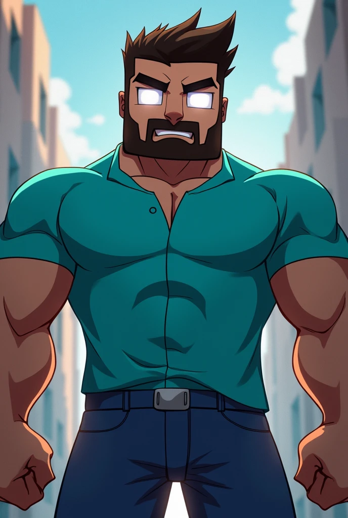 Steve from Minecraft with glowing white eyes dadass , your muscular body , with a light blue anime style shirt, with a shallow beard , and a square body