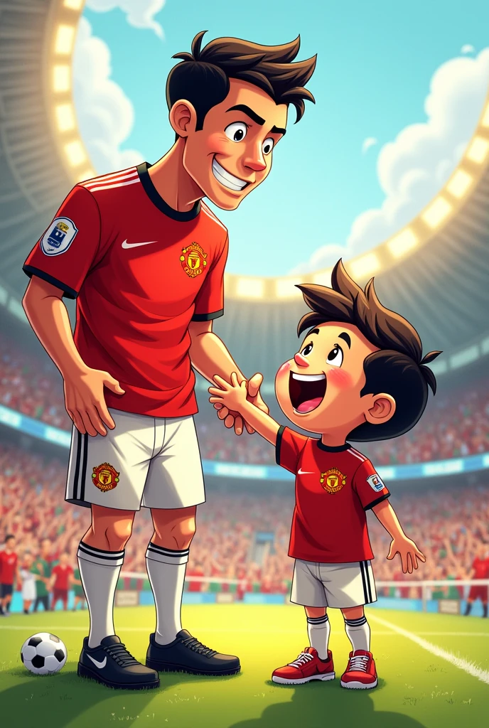 A boy who is Ronaldo fan. He loves playing football. He meet Ronaldo one day. Ronaldo with Manchester United logo shirt.Cartoon