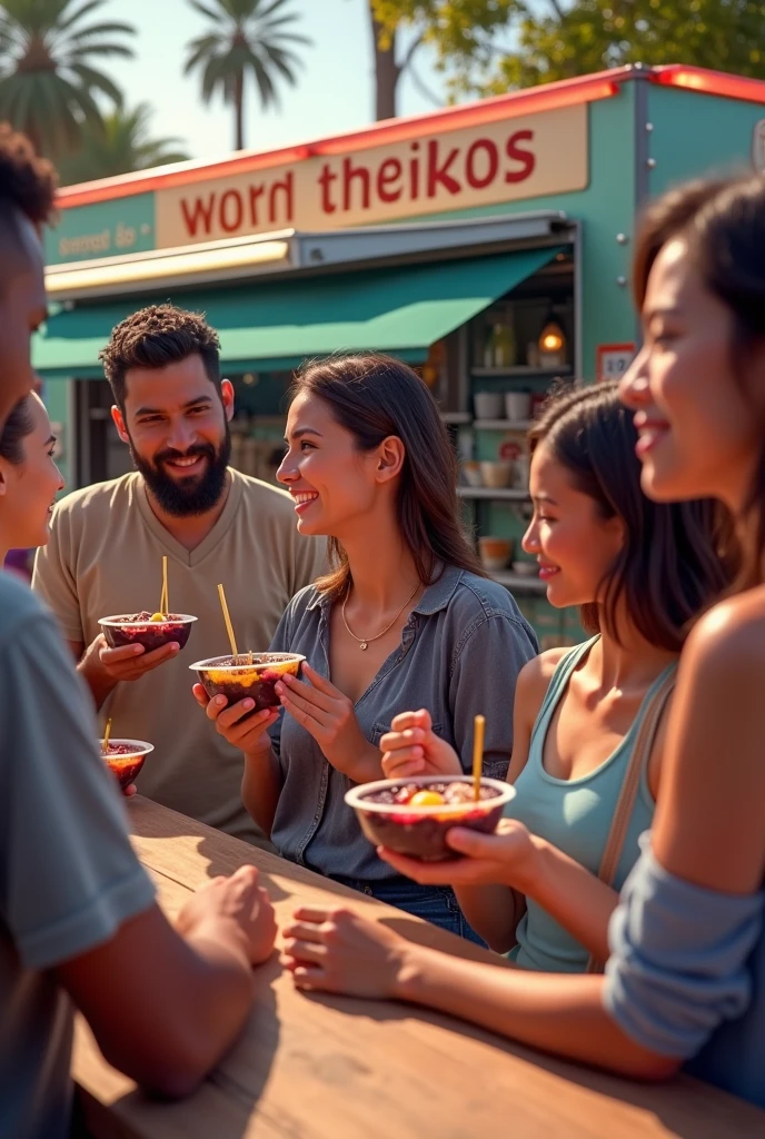 Realistic customers in front of acai trailer named theikos ,eating acai , ultra HD, high qualiy, best qualityer, high resolution, 8k, 16k perfection in the details