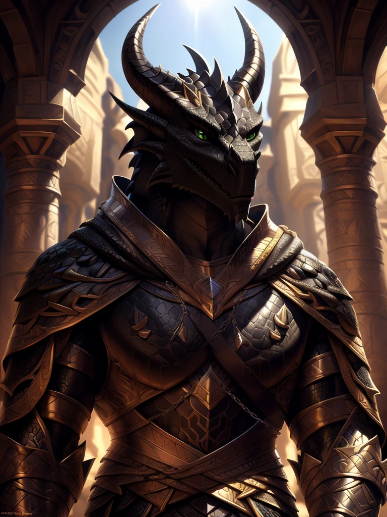 Realistic, detailed, beautiful, masterpiece, HDR, castle interior background, fantasy setting, king, ((gold armor, gold breast plate, chain mail, gold pauldrons, gold greaves, gold leg armor, wearing gold armor, black robes, black cloak, wearing black robes and cloak)) dragon, anthro, male, male body, black skin, (black scales:1.9), (two long thin horns:1.3), green eyes, detailed eyes, perfectly shaped body, confident majestic pose, finger black claws, masculine facial features, seductive gaze, neutral facial expression, black pointed ears, standing tall, out doors, daytime, close-up, portrait, face focus,
(detailed Bonifasko lighting), (detailed scales), (detailed skin), (male dragonborn), BREAK, ((long flowing tail)), ((facing viewer)), (cinematic lighting), ((detailed background)), ((portrait view)), (((close-up))), (good lighting), [backlighting], [crepuscular ray], [detailed ambient light], [gray natural lighting], [ambient light on the belly], (higher wildlife feral detail), [explict content], [sharp focus], (questionable content), (shaded), ((masterpiece)), furry dragonborn, reptilian face, furry Fantasy Art, furry Art, Commission for High Res, anthro Art, POV furry Art,Sakimichan beautiful, masterpiece, best quality, detailed image, bright colors, detailed face, perfect lighting, perfect shadows, perfect eyes, green eyes, flawless face, face focus, (masterpiece:1.21), (best quality:1.2), (illustration:1.2), (cinematic lighting:1.3), detailed scales, balanced coloring, global illumination, ray tracing, good lighting, scales, anthro, well lit 