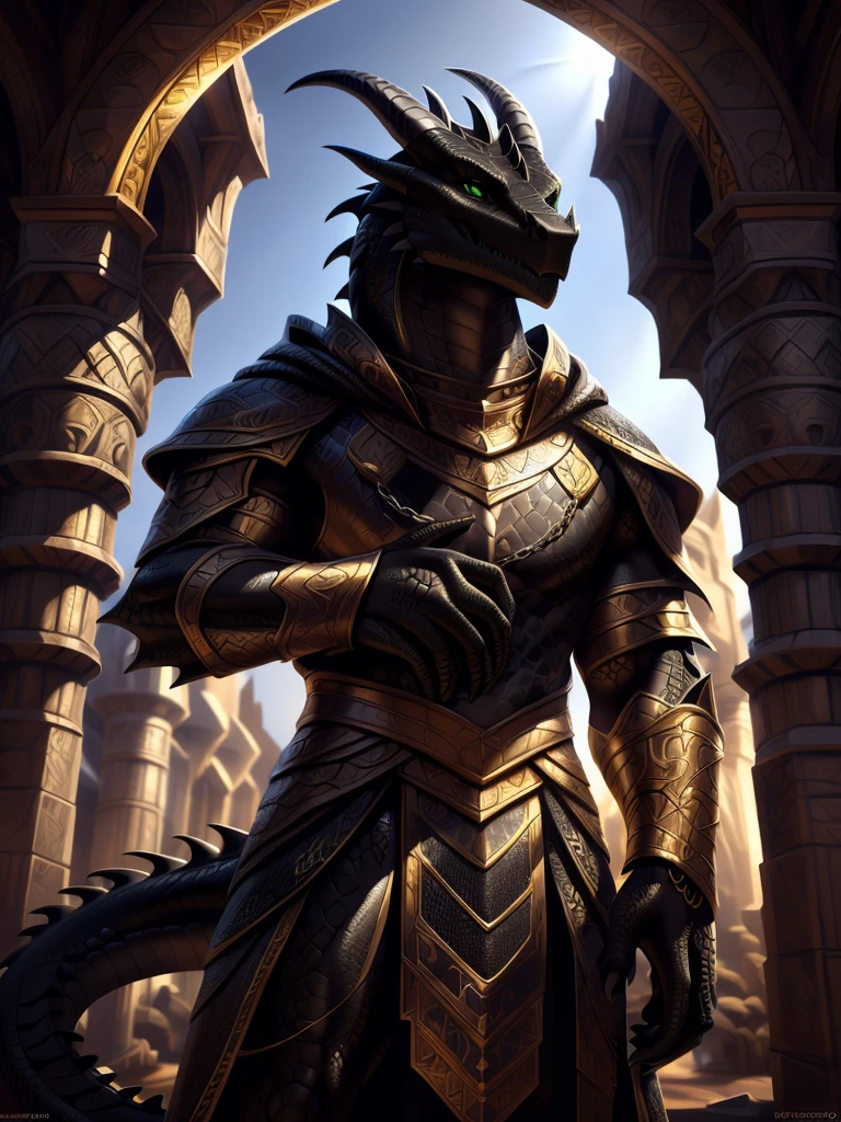Realistic, detailed, beautiful, masterpiece, HDR, castle interior background, fantasy setting, king, ((gold armor, gold breast plate, chain mail, gold pauldrons, gold greaves, gold leg armor, wearing gold armor, black robes, black cloak, wearing black robes and cloak)) dragon, anthro, male, male body, black skin, (black scales:1.9), (two long thin horns:1.3), green eyes, detailed eyes, perfectly shaped body, confident majestic pose, finger black claws, masculine facial features, seductive gaze, neutral facial expression, black pointed ears, standing tall, out doors, daytime, close-up, portrait, face focus,
(detailed Bonifasko lighting), (detailed scales), (detailed skin), (male dragonborn), BREAK, ((long flowing tail)), ((facing viewer)), (cinematic lighting), ((detailed background)), ((portrait view)), (((close-up))), (good lighting), [backlighting], [crepuscular ray], [detailed ambient light], [gray natural lighting], [ambient light on the belly], (higher wildlife feral detail), [explict content], [sharp focus], (questionable content), (shaded), ((masterpiece)), furry dragonborn, reptilian face, furry Fantasy Art, furry Art, Commission for High Res, anthro Art, POV furry Art,Sakimichan beautiful, masterpiece, best quality, detailed image, bright colors, detailed face, perfect lighting, perfect shadows, perfect eyes, green eyes, flawless face, face focus, (masterpiece:1.21), (best quality:1.2), (illustration:1.2), (cinematic lighting:1.3), detailed scales, balanced coloring, global illumination, ray tracing, good lighting, scales, anthro, well lit 