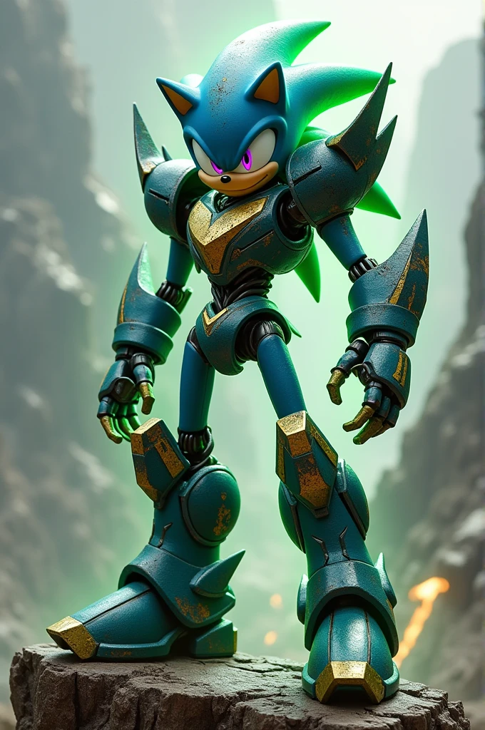 Mecha Sonic fused with x kai, Aura verde, armor azul negra dorada, violet eyes, 1 mecha, thin arms, armor geande, energy, scratched_armor, Aura, x buster, dramatic metallic boots, cliff, looking at the viewer, detailed face, detailed eyes, Best Quality,High resolution,ultra detailed,realist:1.37,professional,dynamic,sequence of images of something or something