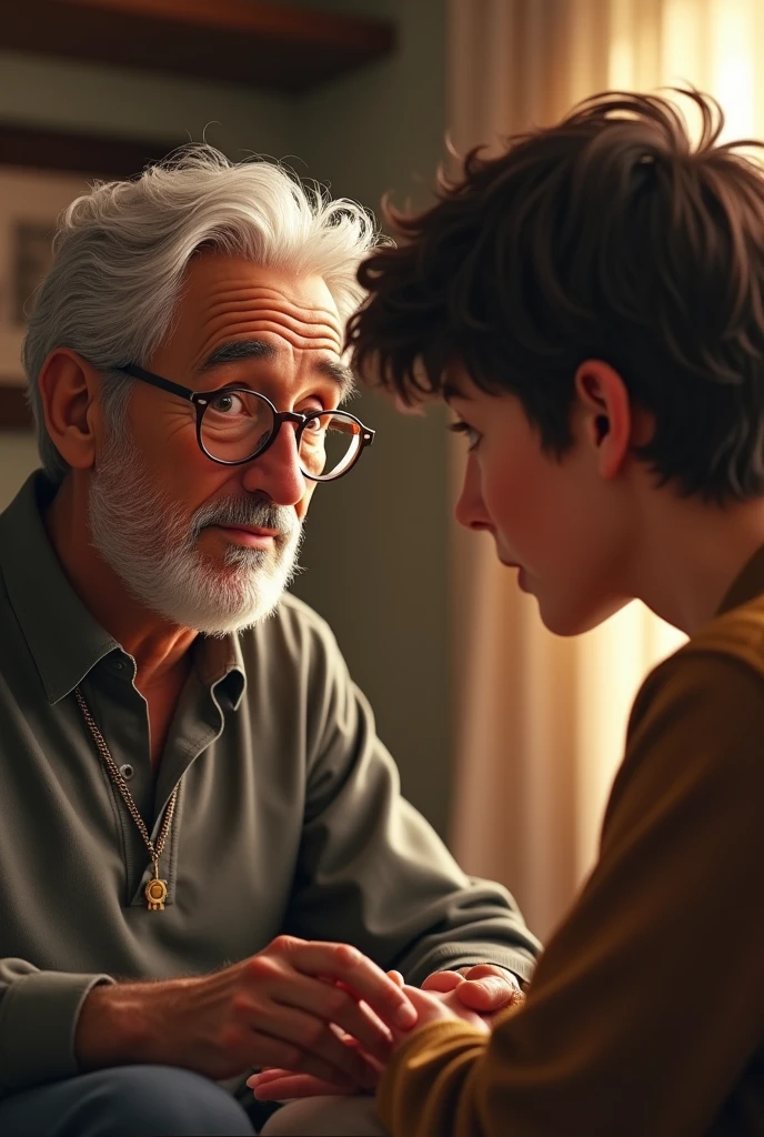picture of a 44-year-old father with glasses talking to his 22-year-old son
