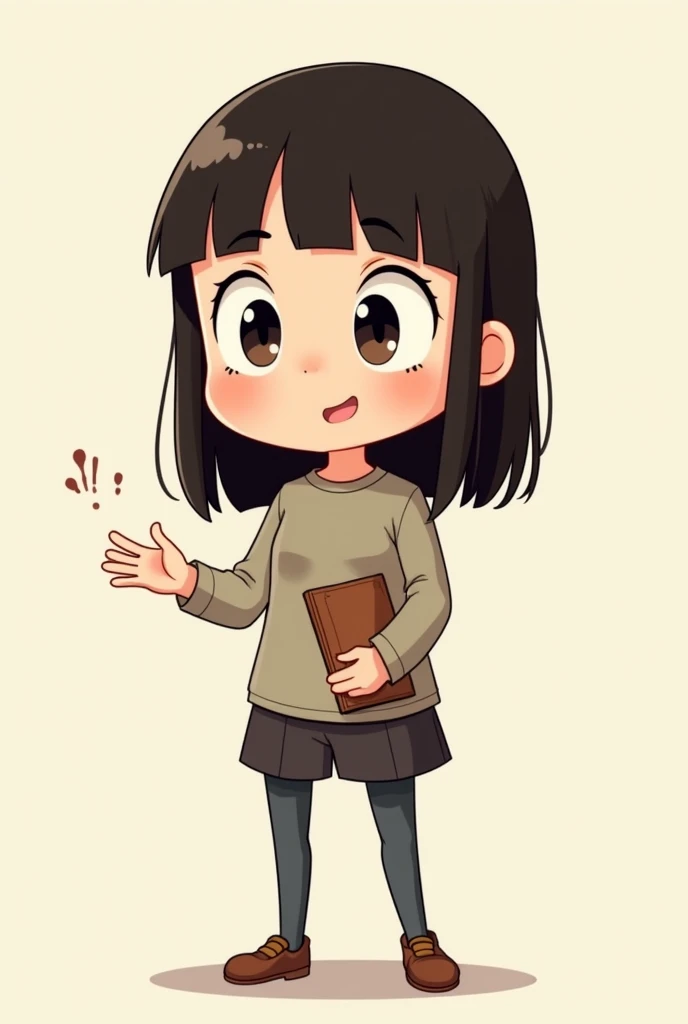 A person with straight hair and big eyes, with a cartoonish tone and without depth, He must have a notebook in his hand and have a gesture that he is explaining something.