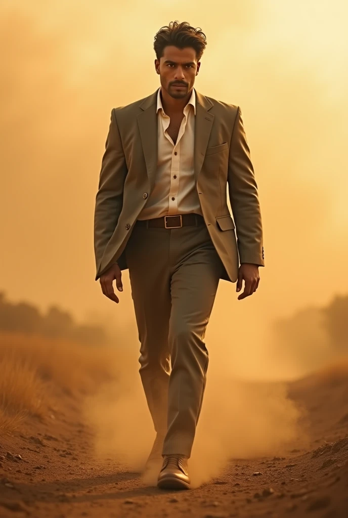 , 8k, RAW Photos, Premium quality,A young Indian man walking, with athletic body, dusty weather due to a storm, wearing a suit, 1987, India،anima