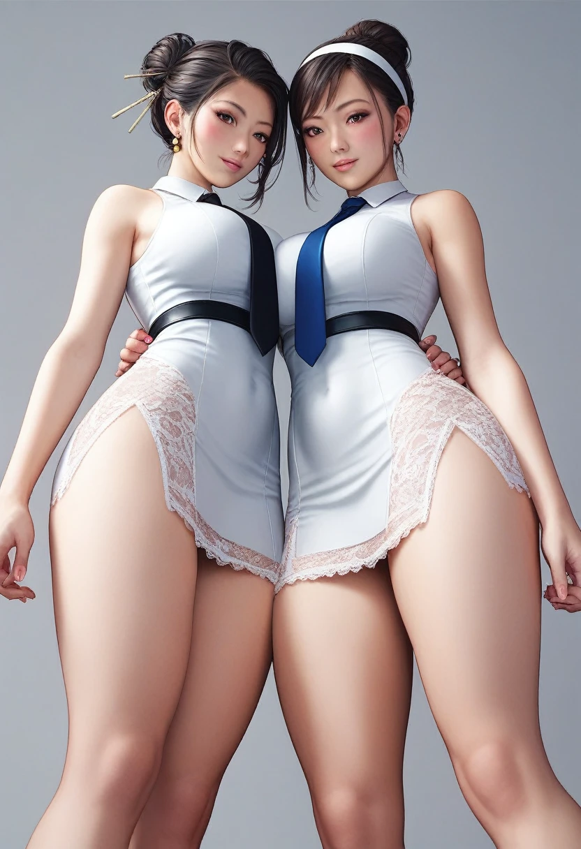 A girl,Solitary,Gray background,Artistic Lighting,Beautiful Asian goddess,Tie your hair up,The bun has a gold decorative headband,Exquisite facial features,White lace dress,sleeveless,Smooth thighs and feet,huge :1.3,exposed:1.2,Look at the audience,character-centered,Symmetrical graph,whole body:1.5,From below:1.4,Abdominal Shot