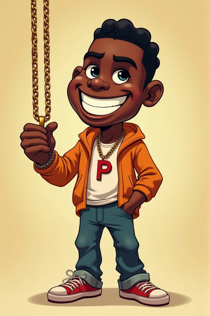 art 2d cartoon mini black man showing his chain with the P pendant to the camera, with the fisheye effect