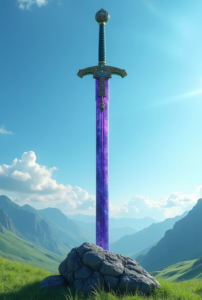 masterpiece、Highest quality、Very detailed、Ultra-high resolution、grassland、Blue sky、Sword stuck in a rock、Jade inlay、Dark purple glowing aura、Touching the Emperor