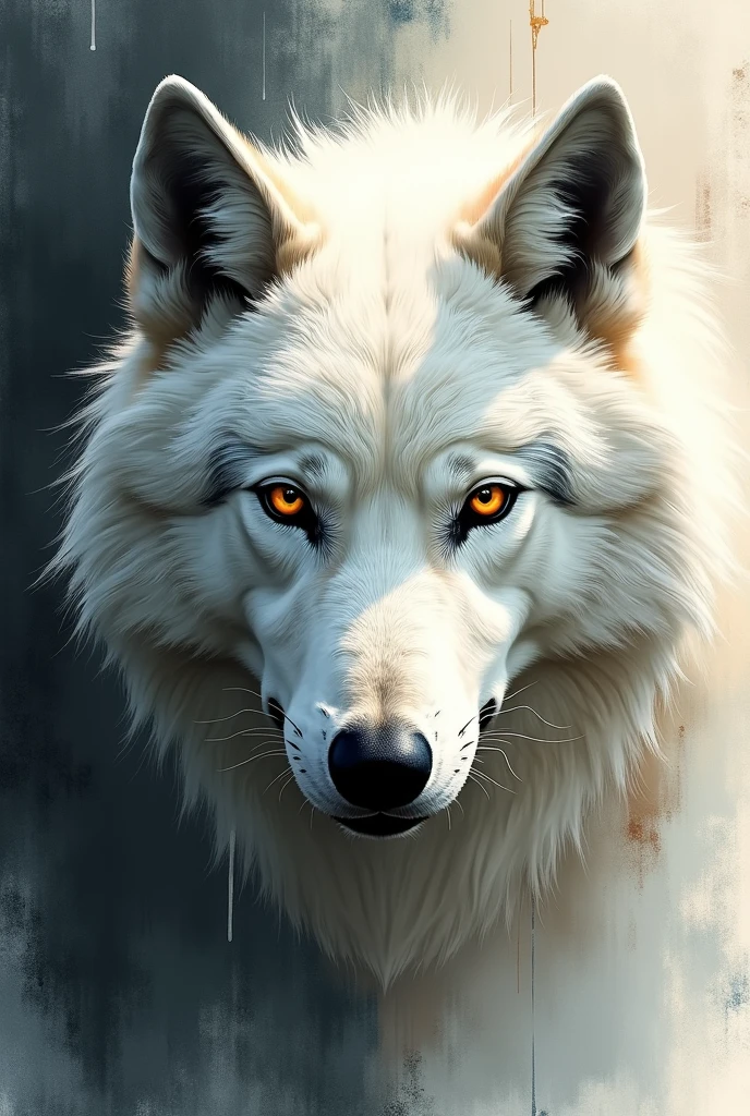 portrait of a white wolf and large, piercing, fixed gaze drawn in the style of concept art found in the Metal Gear Solid art book. Focus on the abstract, Impressionistic and gestural elements, Utilisation des rayures, Stains and dry brushing to create a sense of movement and texture in the image. Explore the wolf's collarbone and shoulders, Highlight details like wings and feathers that evoke an ethereal feeling.

Utilisez une palette de couleurs qui comprend des nuances de noir, blanc, lilas, copper and gold to create a vivid and mysterious contrast. Make sure the image is abstract, with broken edges and a high-definition feel. Try to capture the essence of the Ghost Wolf while incorporating stylistic and technical elements from concept art from the Metal Gear Solid art book. Use watercolor to add depth and detail to the image.