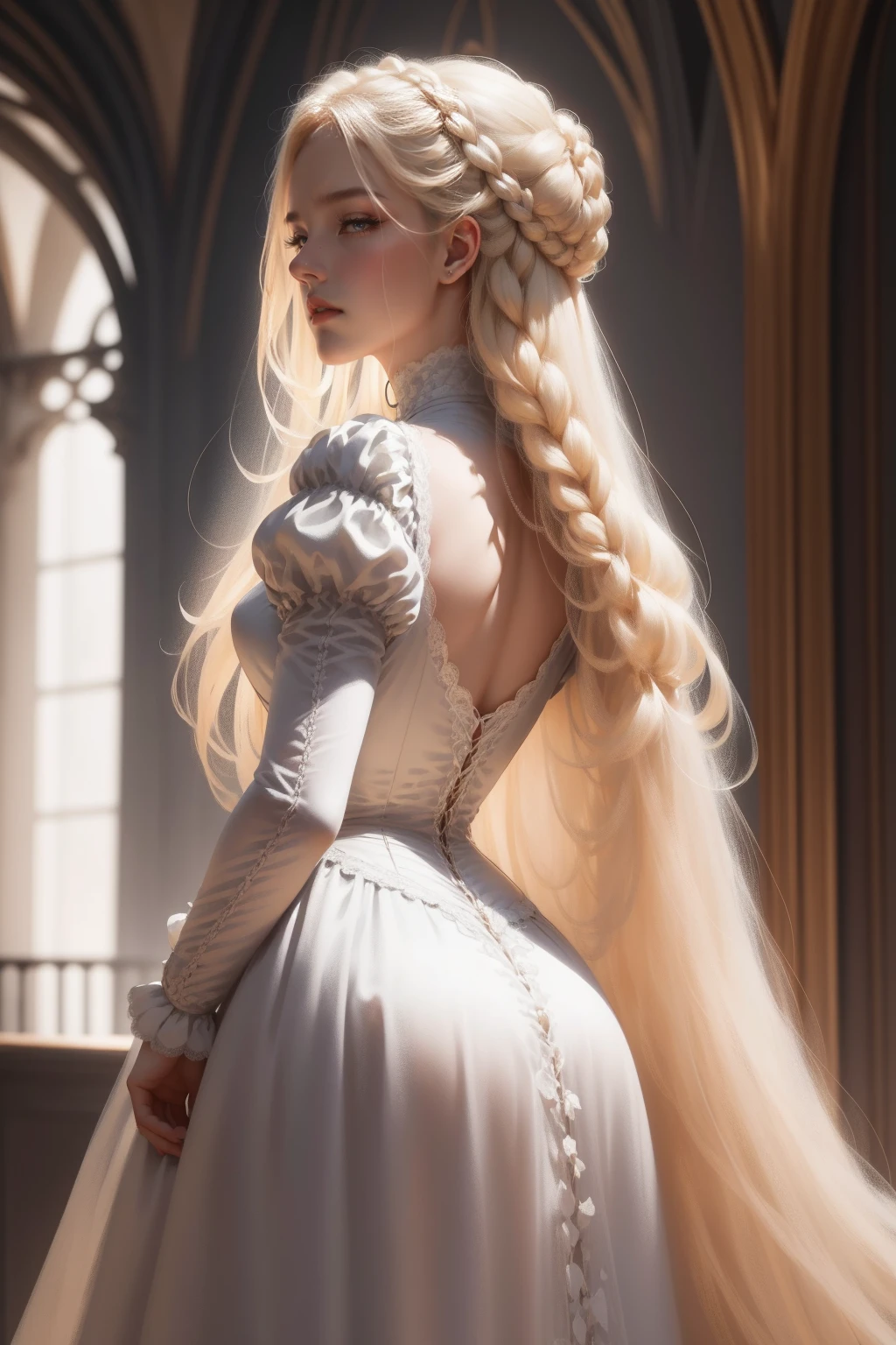 {-erro_de_anatomia:1.0} woman 30 years old, victorian era,victorian clothes, (white dress), dark castle, a woman (darkness), very long blond hair (blond hair), (gray eyes) . Indifferent look , merciless, dinamic poses, egoist smile, upper body, standing, backwards, looking back
