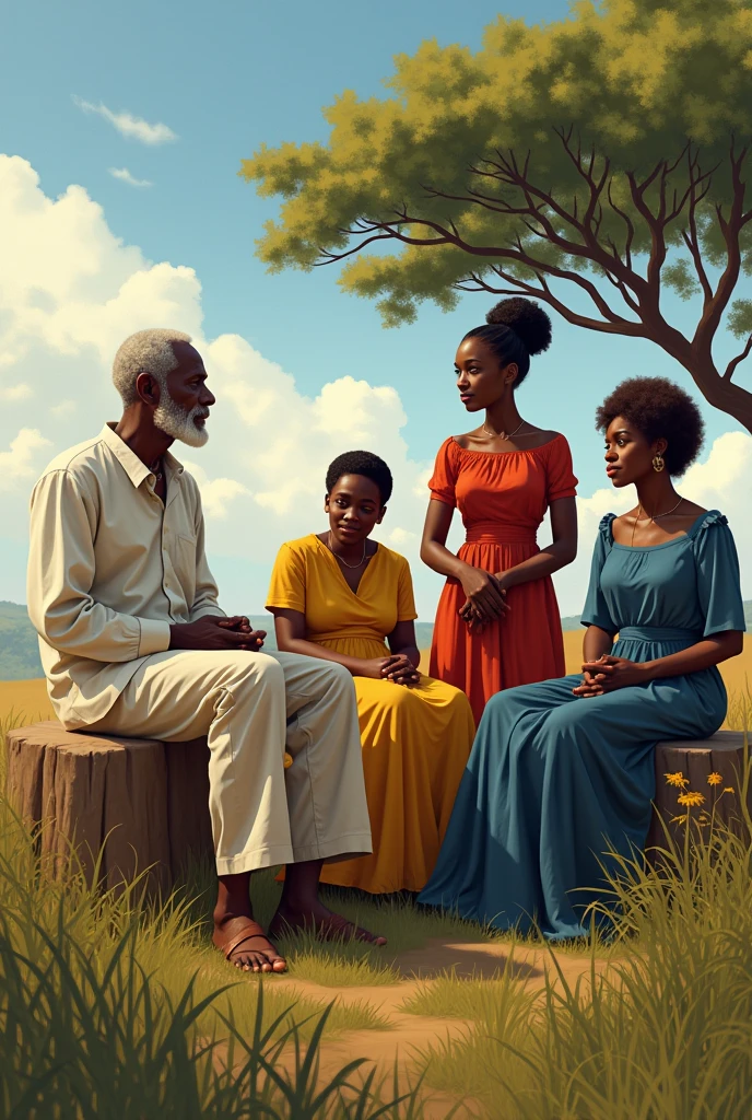 An old black man sitting dressed in white, a very old black woman sitting dressed in dark yellow, a black woman dressed in red and a young black woman dressed in blue in a savannah