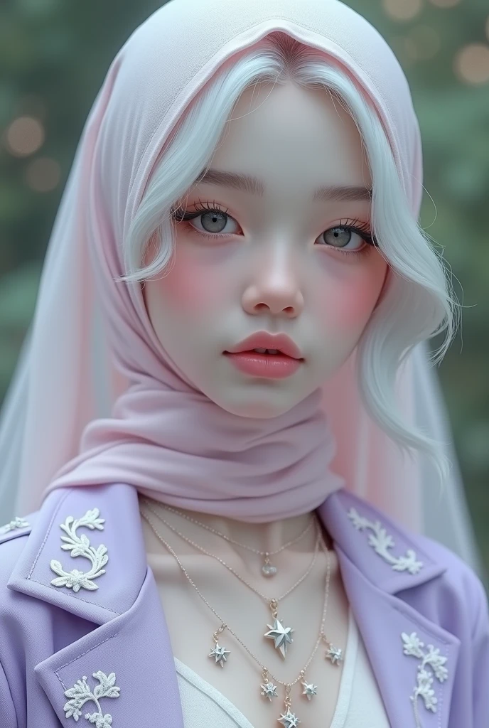 a 29-year-old girl, skin pale as milk, long white eyelashes, silver hair, lilac eyes, pompous pink lips, wears a light pink Hijab, a lilac colored jacket with white embroidery, a necklace of another with a star of seven tips