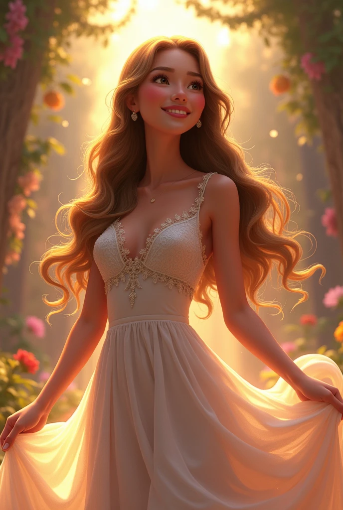 Christian woman , with an elegant dress , long hair and smiling, disney pixar style