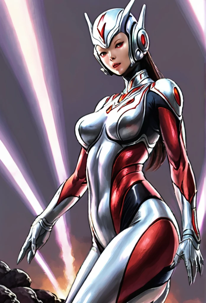 An alien with a silver body and red lines、Female Ultraman、Large Breasts、Captured and attacked by a monster
