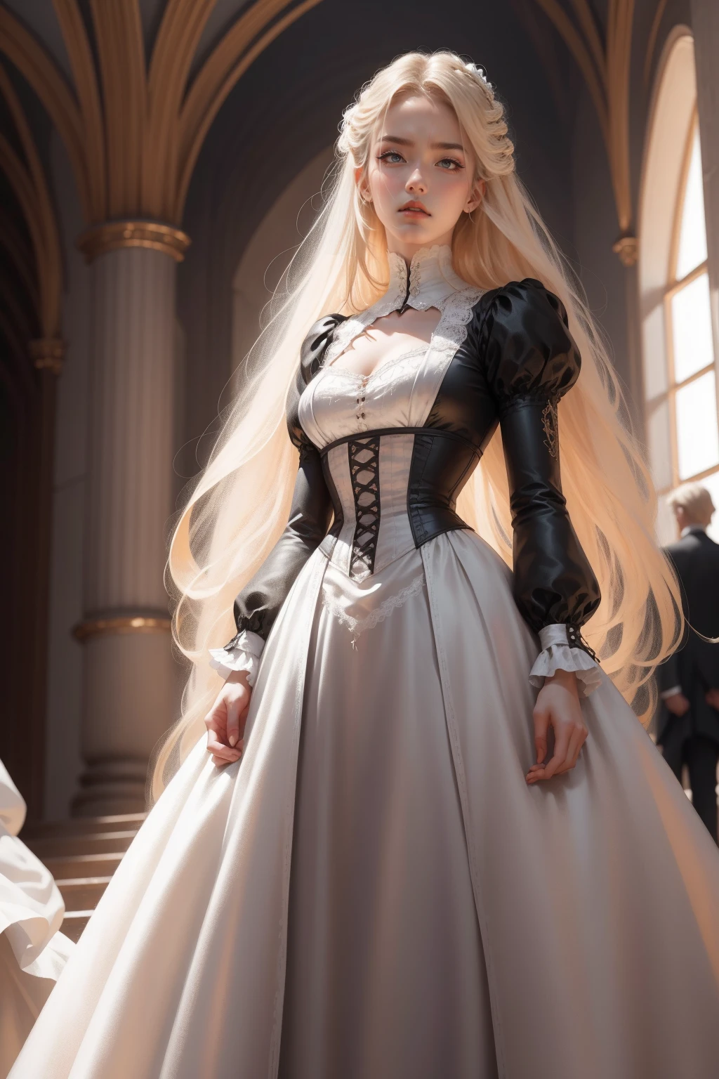 {-erro_de_anatomia:1.0} woman 30 years old, victorian era,victorian clothes, (white dress), dark castle, a woman (darkness), very long blond hair (blond hair), (gray eyes) . Indifferent look , merciless, dinamic poses, egoist smile, upper body, standing, backwards, looking back