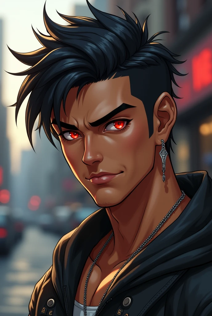 Generate a man, brunette skin, Eyes red, short black hair, chain earring on the right ear, athletic tax, casual clothes, maybe a sweatshirt or coat, smirk on face