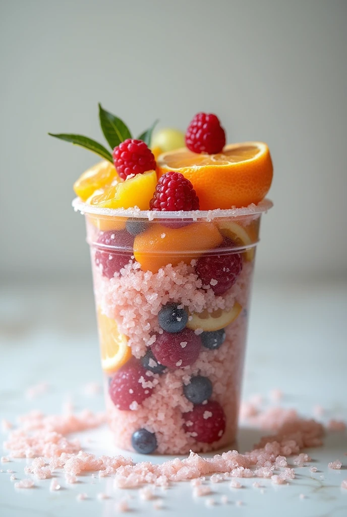Plastic cup broken in half, salt n fruits of the
