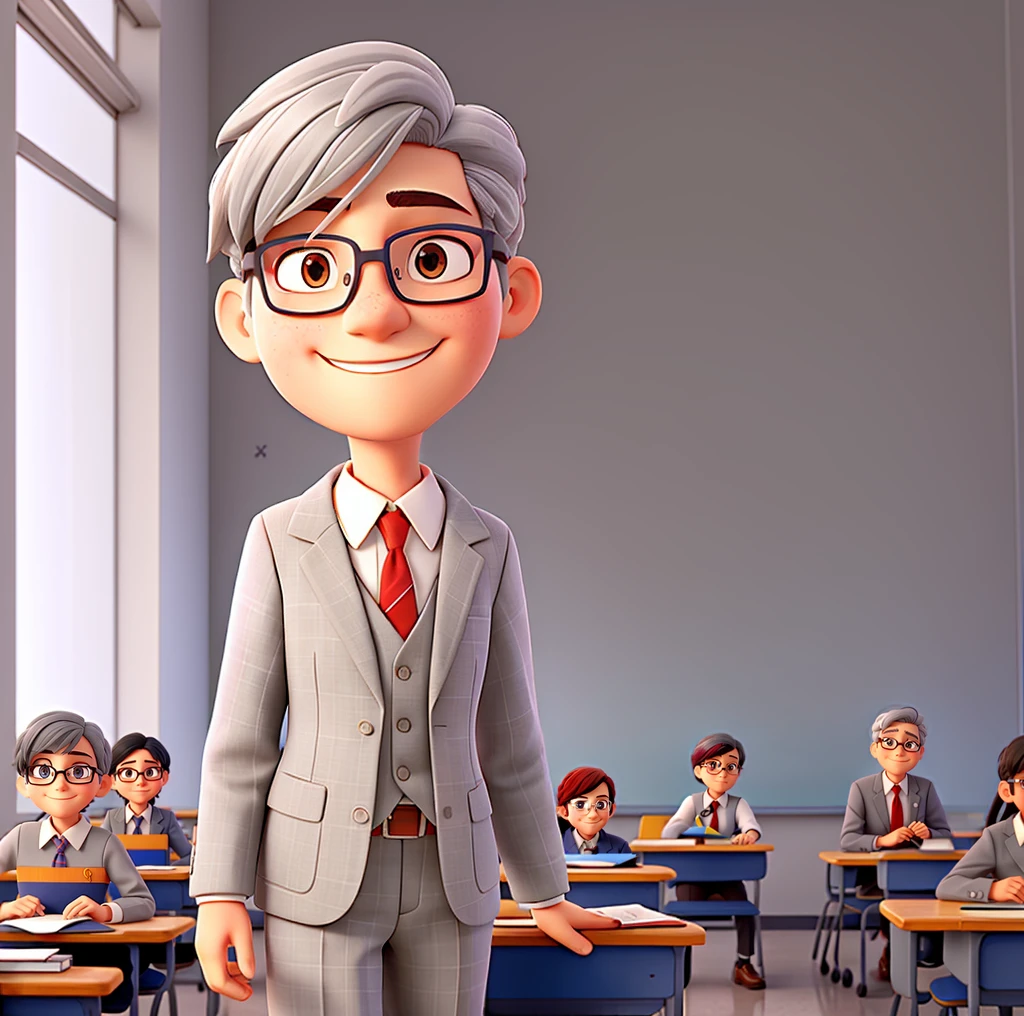 Gray haired teacher, glasses and suit, classroom background